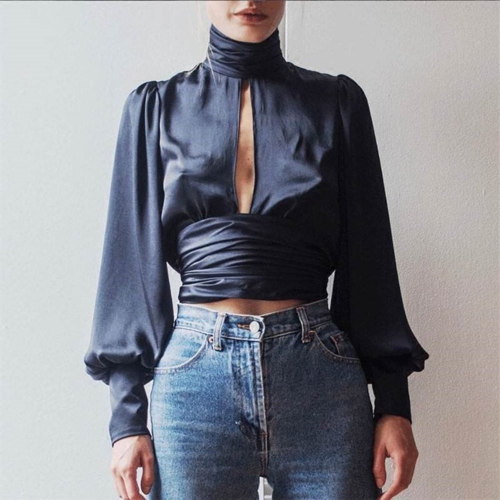 Sexy blue satin backless blouse